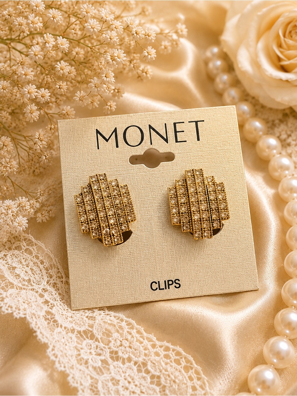 Monet Gold Crystal Clip-On Cluster Earrings